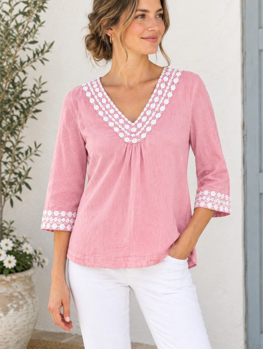 Boden Pink Cotton Tunic Top Sz 8 Boho Crochet Embroidered V Neck 3/4 Sleeve